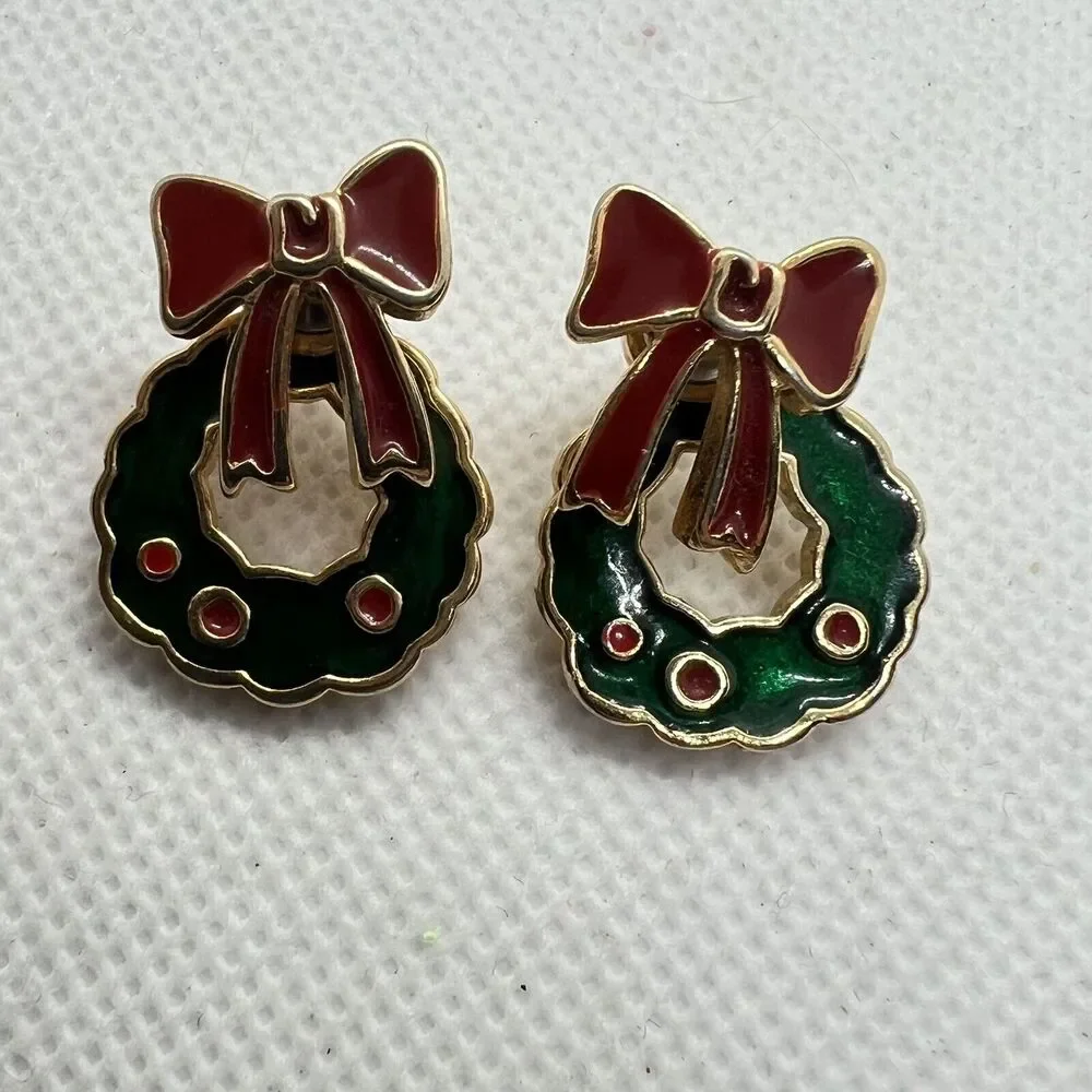 Vintage Christmas Wreath Front Back Jacket Earrings Enamel Bow Holiday